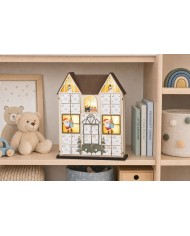 Dekorácia MagicHome Vianoce, Adventný kalendár Domček, drevený, 8xLED, teplá biela, 2xAAA, IP20, 26x7x32 cm