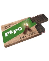 Podpaľovač PE-PO® 2v1, drevný, 20 ks, s zápalkou a škrkátkom, rozpaľovač na gril, kachle, krby, pece
