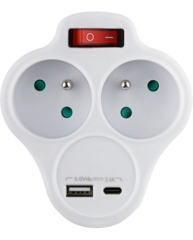 Zásuvka Strend Pro, rozbočovacia, rozdvojka, biela, 2x 16 A, USB A+C, vypínač