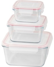 Dóza MagicHome, sada 3 ks, sklenená, sklo, štvorcová, s vekom, 450/1000/1900 ml