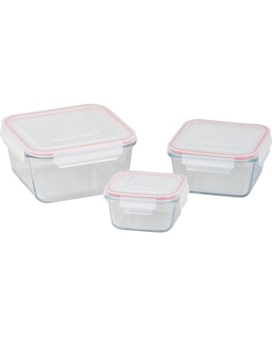 Dóza MagicHome, sada 3 ks, sklenená, sklo, štvorcová, s vekom, 450/1000/1900 ml