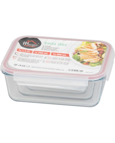 Dóza MagicHome, sada 3 ks, sklenená, sklo, obdlžníková, s vekom, 400/900/1900 ml