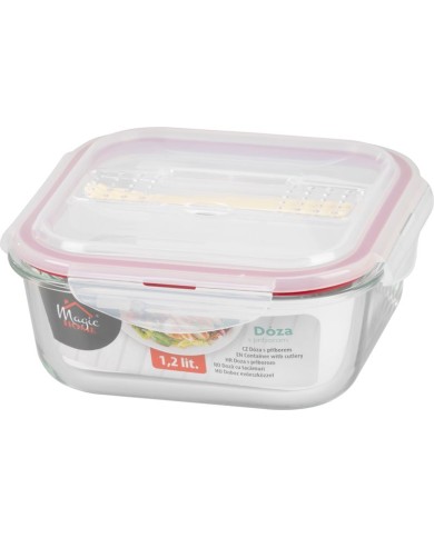 Dóza MagicHome, štvorcová, s vekom, 1200 ml, s príborom, Clip, sklenená