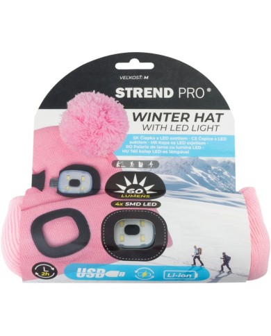 Čiapka Strend Pro kid ružová M, s brmbolcami, 4x SMD LED, USB nabíjanie