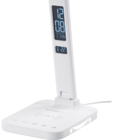 Lampa Strend Pro, stolná, LED, bezdrôtové nabíjanie, voľba intenzity svetla, s displejom, hodiny, budík, teplomer, 4 W, biela