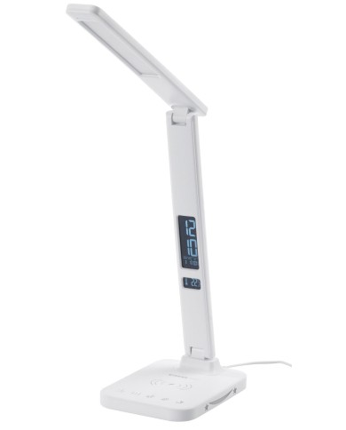 Lampa Strend Pro, stolná, LED, bezdrôtové nabíjanie, voľba intenzity svetla, s displejom, hodiny, budík, teplomer, 4 W, biela