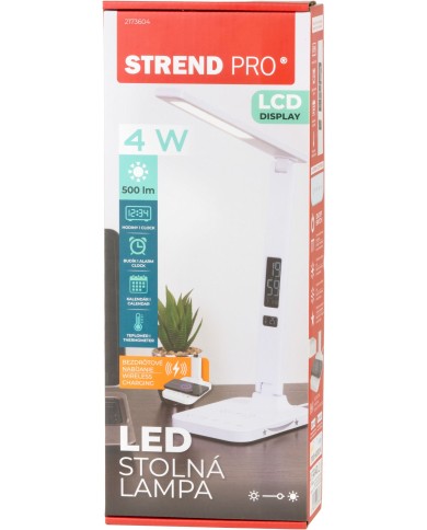 Lampa Strend Pro, stolná, LED, bezdrôtové nabíjanie, voľba intenzity svetla, s displejom, hodiny, budík, teplomer, 4 W, biela