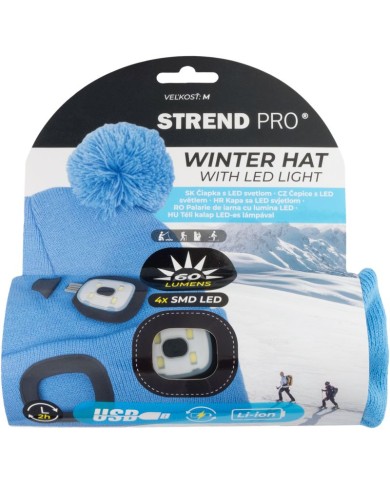 Čiapka Strend Pro kid modrá M, s brmbolcami, 4x SMD LED, USB nabíjanie