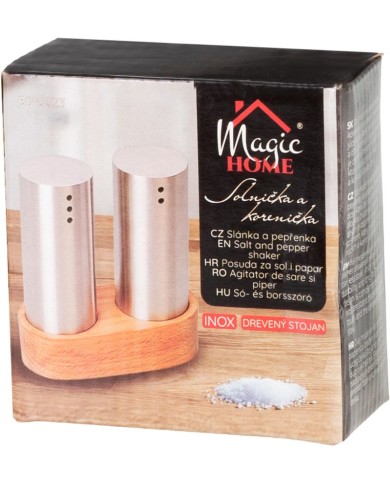 Sada solnička a korenička MagicHome, drevený stojan, nerez