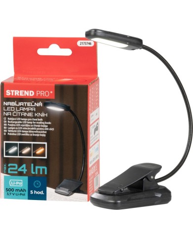 Lampa Strend Pro, na čítanie knihy, LED, USB, 24 lm, 3 farebné odtiene, stmievateľná, nabíjateľná