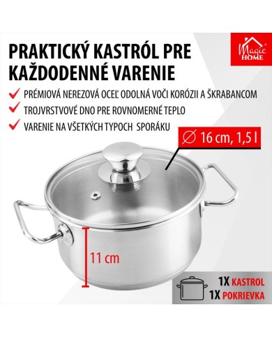 Kastról MagicHome Chloe, hrniec, 16 cm, 1,5 lit., so sklenenou pokrievkou, nerez