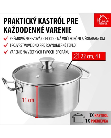 Kastról MagicHome Chloe, hrniec, 22 cm, 4 lit., so sklenenou pokrievkou, nerez
