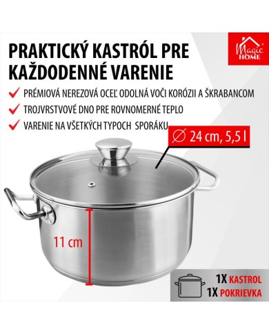 Kastról MagicHome Chloe, hrniec, 24 cm, 5,5 lit., so sklenenou pokrievkou, nerez