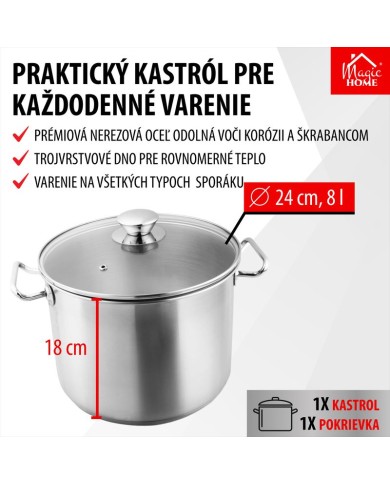 Hrniec MagicHome Chloe, 24 cm, 8 lit., so sklenenou pokrievkou, nerez