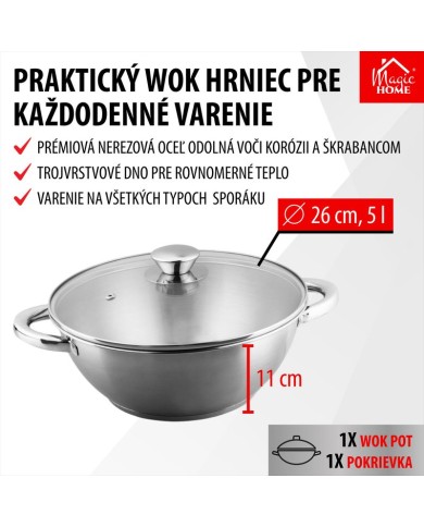 Hrniec Wok MagicHome Chloe, 26 cm, 5 lit., so sklenenou pokrievkou, nerez