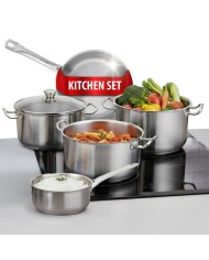 Sada riadu MagicHome Chloe, panvica 24 cm, 3x kastról (3l, 4l a 6,6 l), rajnica 2l, so sklenenými pokrievkami, nerez, 9 dielna