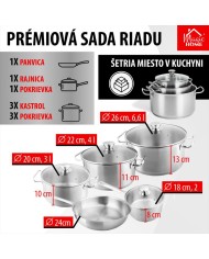 Sada riadu MagicHome Chloe, panvica 24 cm, 3x kastról (3l, 4l a 6,6 l), rajnica 2l, so sklenenými pokrievkami, nerez, 9 dielna