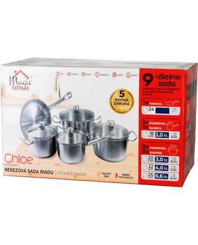 Sada riadu MagicHome Chloe, panvica 24 cm, 3x kastról (3l, 4l a 6,6 l), rajnica 2l, so sklenenými pokrievkami, nerez, 9 dielna