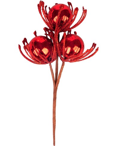 Vetvička MagicHome Vianoce, s guľami, červená, 22 cm