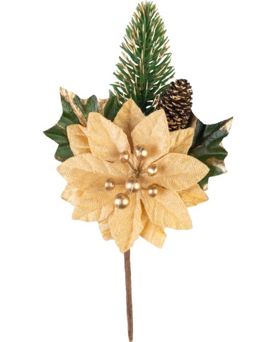 Vetvička MagicHome Vianoce, s kvetom poinsettia, zlatá, 18 cm