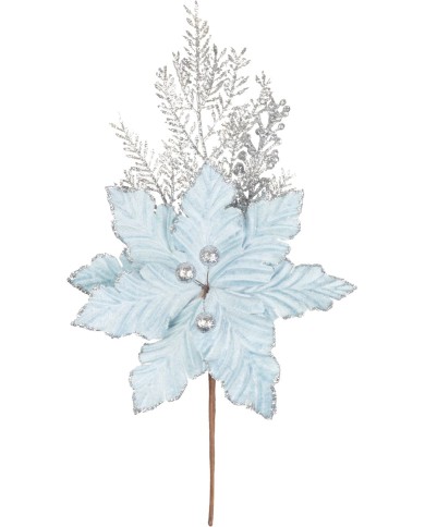 Vetvička MagicHome Vianoce, s kvetom poinsettia, modrá/strieborná, 27 cm