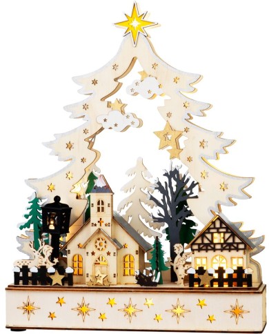 Dekorácia MagicHome Vianoce, dedinka, drevo, 12xLED teplá biela, 25x7.5x32 cm, 2xAA