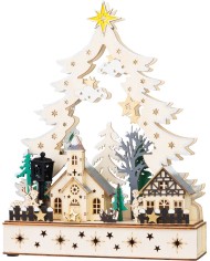 Dekorácia MagicHome Vianoce, dedinka, drevo, 12xLED teplá biela, 25x7.5x32 cm, 2xAA