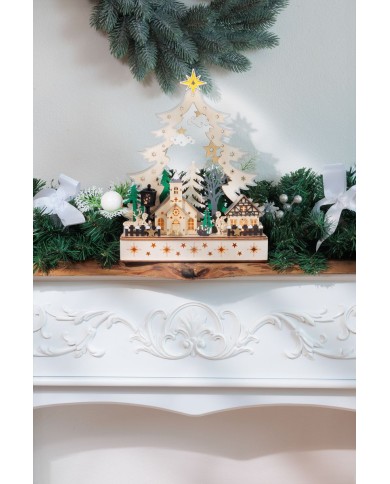 Dekorácia MagicHome Vianoce, dedinka, drevo, 12xLED teplá biela, 25x7.5x32 cm, 2xAA