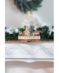 Dekorácia MagicHome Vianoce, dedinka, drevo, 12xLED teplá biela, 25x7.5x32 cm, 2xAA