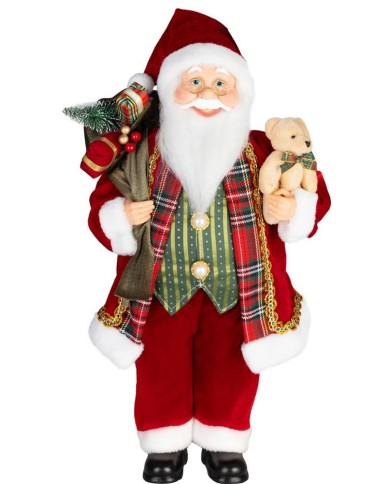 Dekorácia MagicHome Vianoce, Santa, s darčekom a medveďom, červený, 60 cm