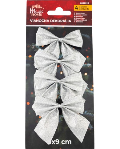 Dekorácia MagicHome Vianoce, mašla, strieborná, bal. 4 ks, 9 x 9 cm