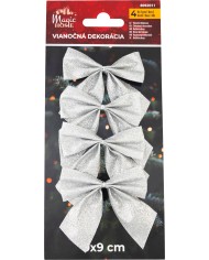 Dekorácia MagicHome Vianoce, mašla, strieborná, bal. 4 ks, 9 x 9 cm