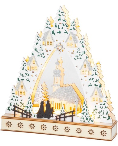 Dekorácia MagicHome Vianoce, Dedinka s kostolom, LED, MDF, 30x7x33,5 cm, 2x AAA