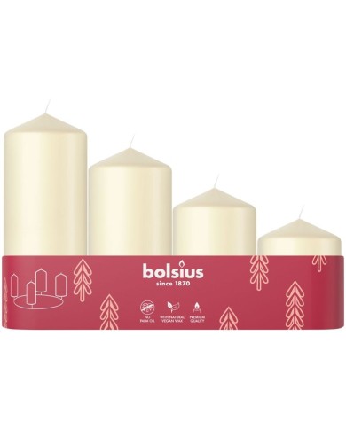 Sviečky Bolsius Pillar Advent, Vianoce, krémové, 60/80/100/120x48 mm, bal. 4 ks