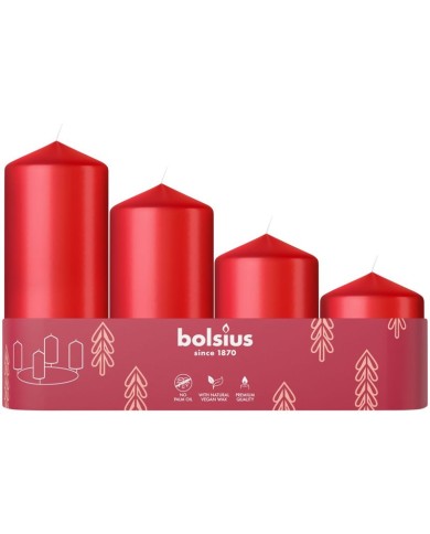 Sviečky Bolsius Pillar Advent, Vianoce, červené, 60/80/100/120x48 mm, bal. 4 ks