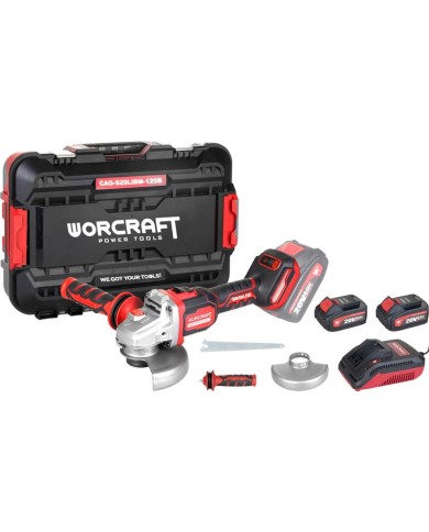 Set Worcraft CAG-S20LiBM, uhlová brúska 125 mm, ShareSYS , 2x 4.0 Ah akumulátor + nabíjačka, bezuhlíková, 6 rýchlostná