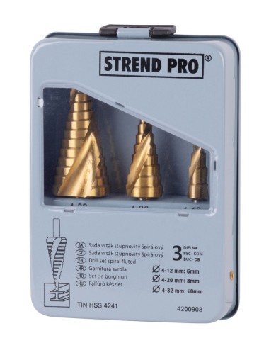 Sada stupňovitých vrtákov Strend Pro SS422, 4-12, 4-20, 4-32 mm, TiN, HSS 4241 špirálový, do kovu