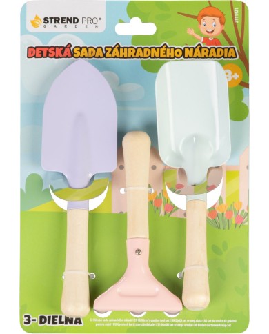 Sada náradia Strend Pro, záhradnícka, detská, 3-dielna, drevo + oceľ, lopatka hrable a rýľ