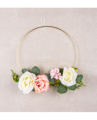 Závesná dekorácia 25 cm, kvety, zlatá obruč