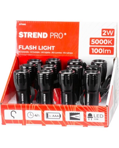 Svietidlo Strend Pro Flashlight FL004, COB 100 lm, AluBody, 3xAAA