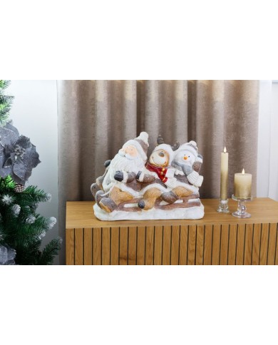 Dekorácia MagicHome Vianoce, Santa, sob a snehuliak na saniach, keramika, 45x23x34,50 cm