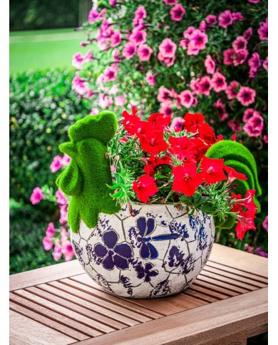 Dekorácia MagicHome, Kohútik s kvetináčom, modrý ornament, keramika, 34,5x24x30,5 cm