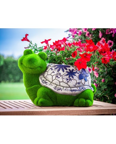 Dekorácia MagicHome, Korytnačka s kvetináčom, modrý ornament, keramika, 33x24x23 cm