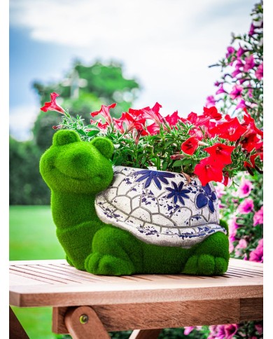 Dekorácia MagicHome, Korytnačka s kvetináčom, modrý ornament, keramika, 33x24x23 cm