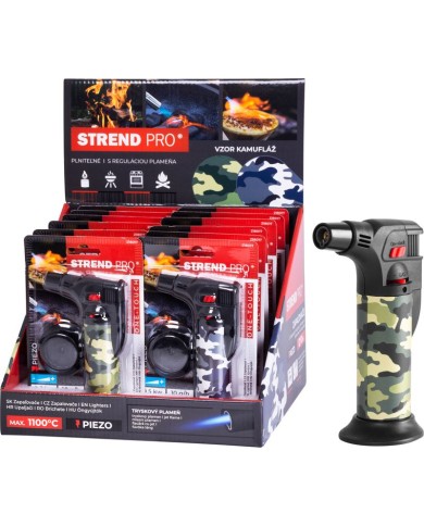 Zapaľovač Strend Pro Mini horák so stojanom, kamufláž, plniteľný, 75x45x120 mm