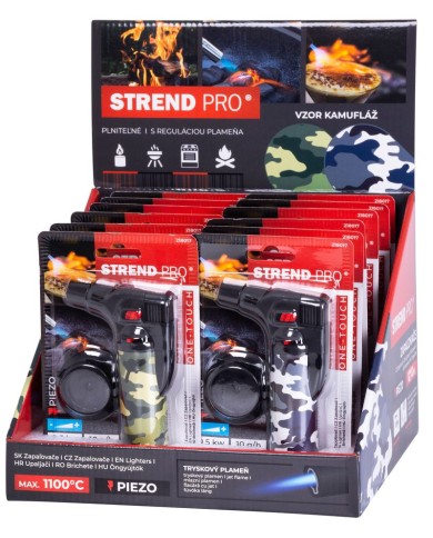 Zapaľovač Strend Pro Mini horák so stojanom, kamufláž, plniteľný, 75x45x120 mm