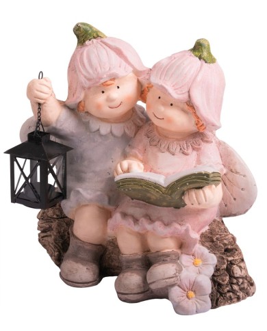 Dekorácia MagicHome, Chlapček a dievčatko s knihou a lampášom, keramika, 32,5x20,5x35 cm