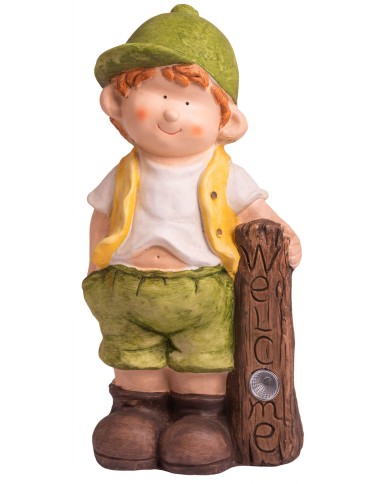 Dekorácia MagicHome, Chlapček s tabuľou, keramika, LED, solar, 24x18x49 cm