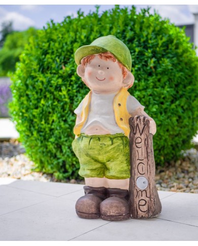 Dekorácia MagicHome, Chlapček s tabuľou, keramika, LED, solar, 24x18x49 cm