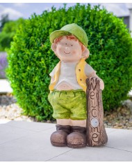 Dekorácia MagicHome, Chlapček s tabuľou, keramika, LED, solar, 24x18x49 cm